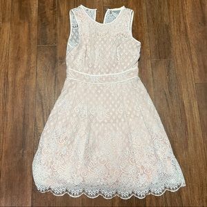 Vince Camuto | Ivory and Peach Lace Fit and Flare Mini Dress with Pockets